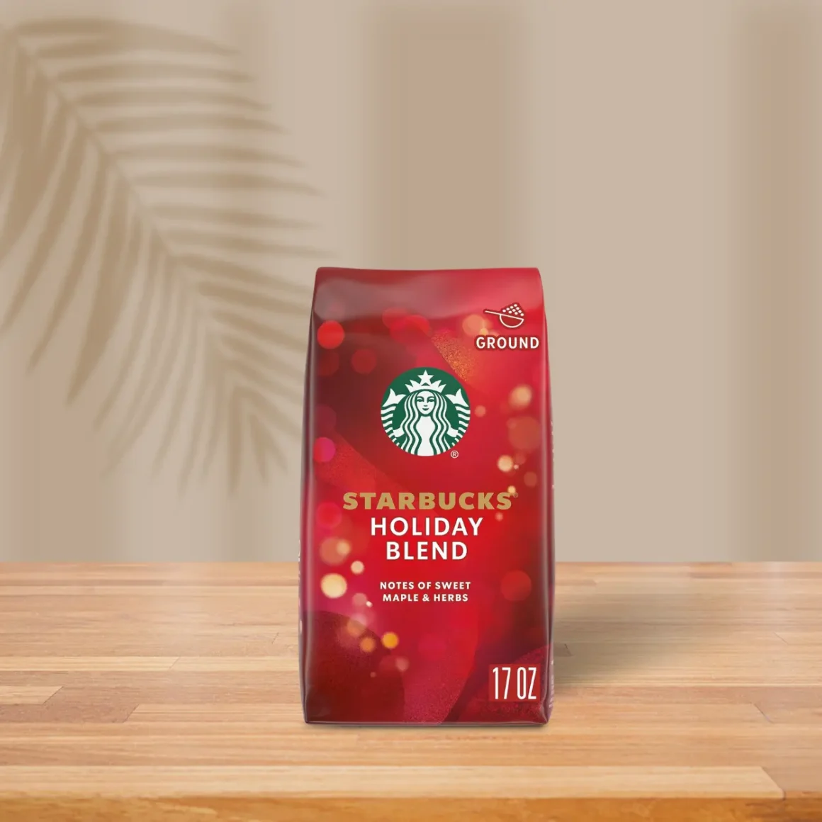 a bag of starbucks holiday blend medium roast ground coffee on a table