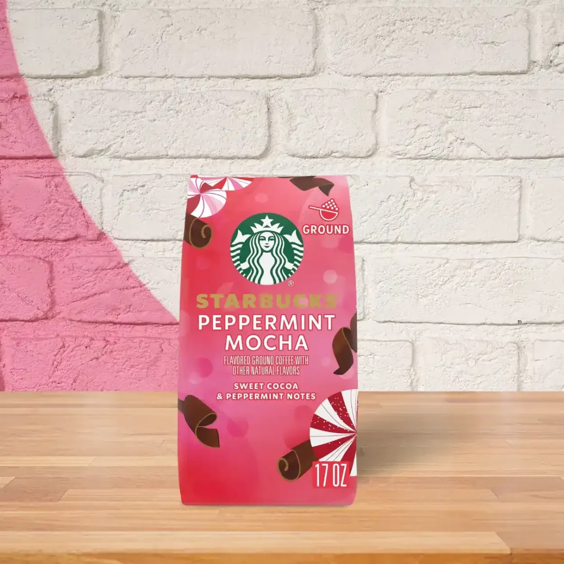 a bag of starbucks peppermint mocha ground coffee on a table