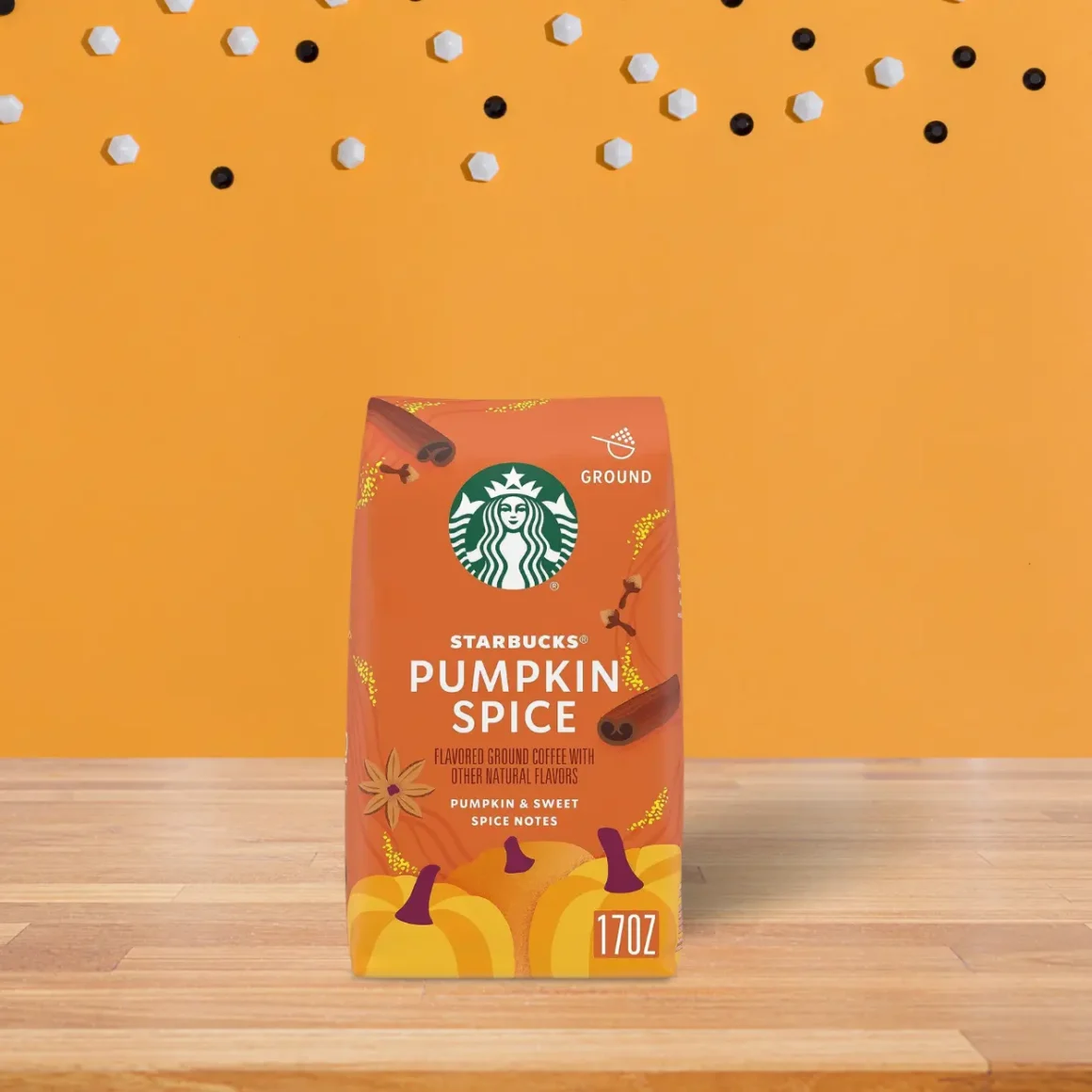 a bag of starbucks pumpkin spice ground coffee on a table