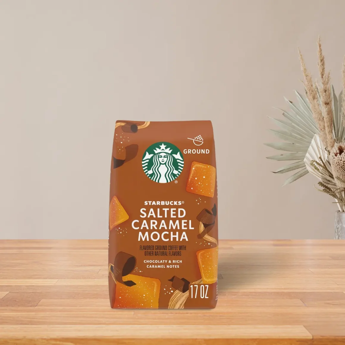 a bag of starbucks salted caramel mocha ground coffee on a table