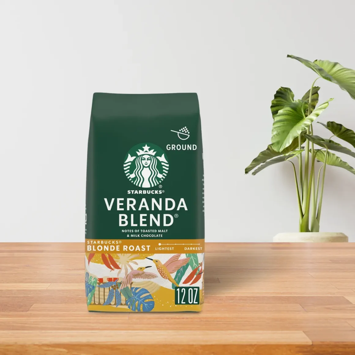 a bag of starbucks veranda light blond roast coffee on a table