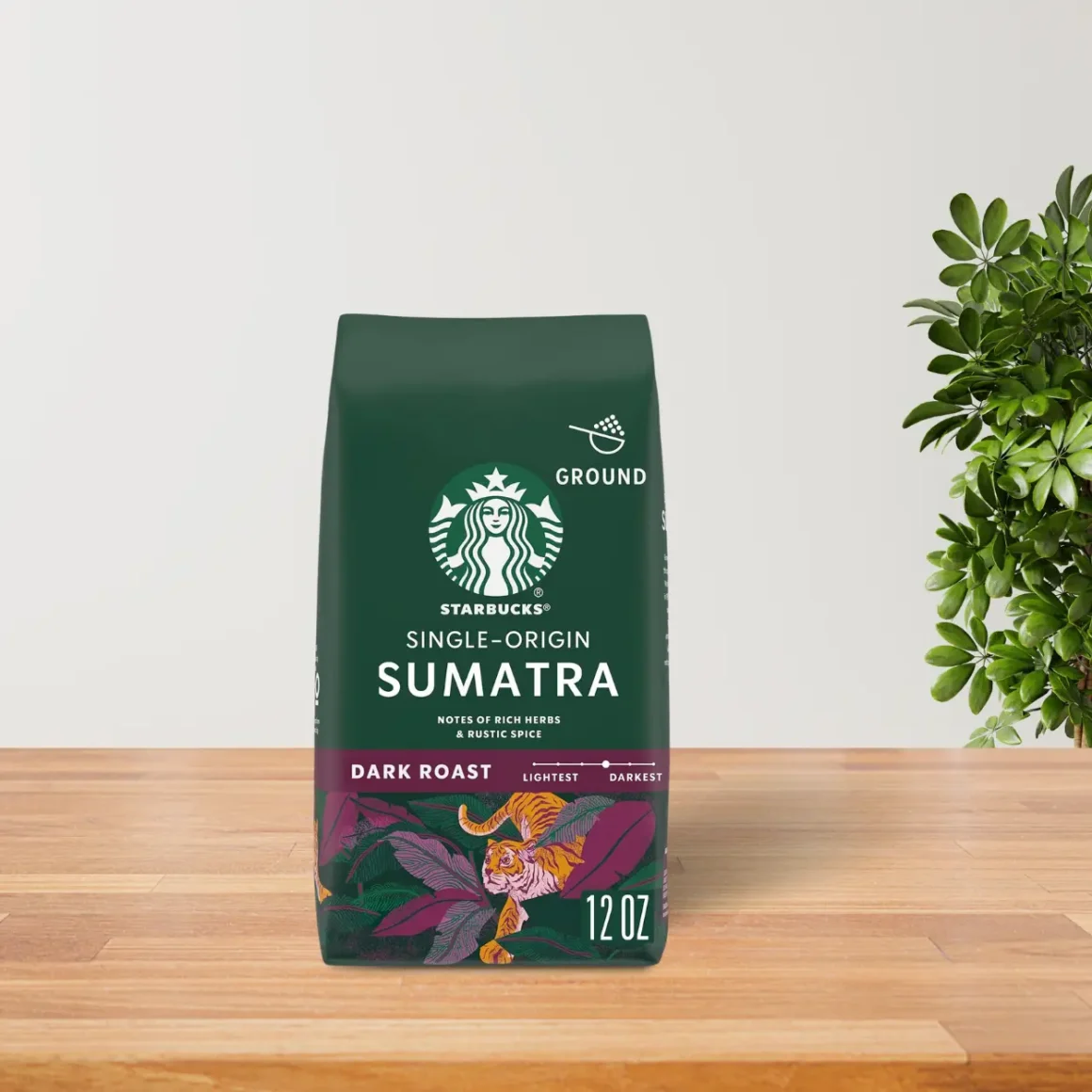 a bag of sumatra coffee on a table