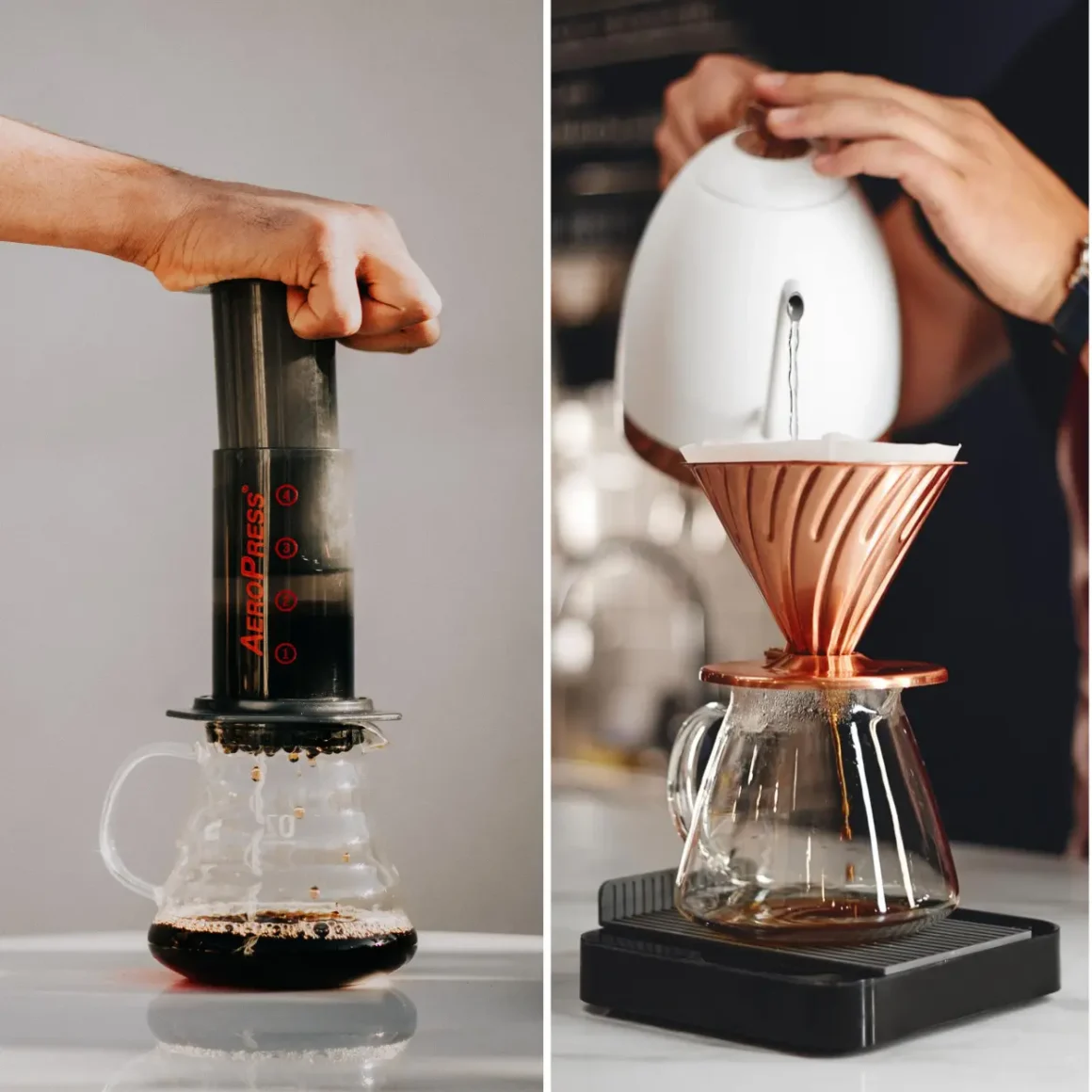 a person pouring coffee into a glass coffee pot