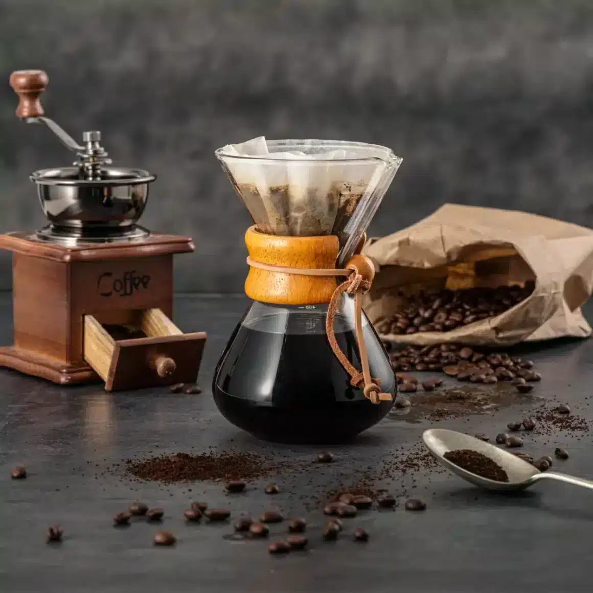 a coffee grinder with a glass container and a bag of coffee beans