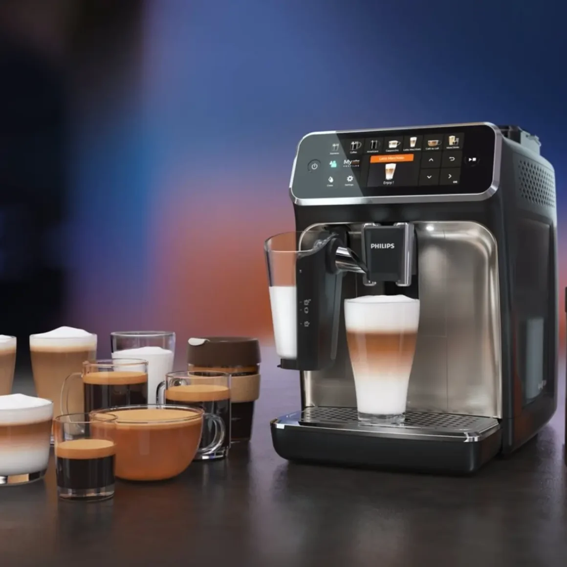 a Philips 4300 coffee machine with several glasses of coffee