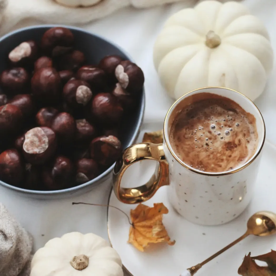 a cup of Japanese chestnut coffee and a bowl of chestnuts