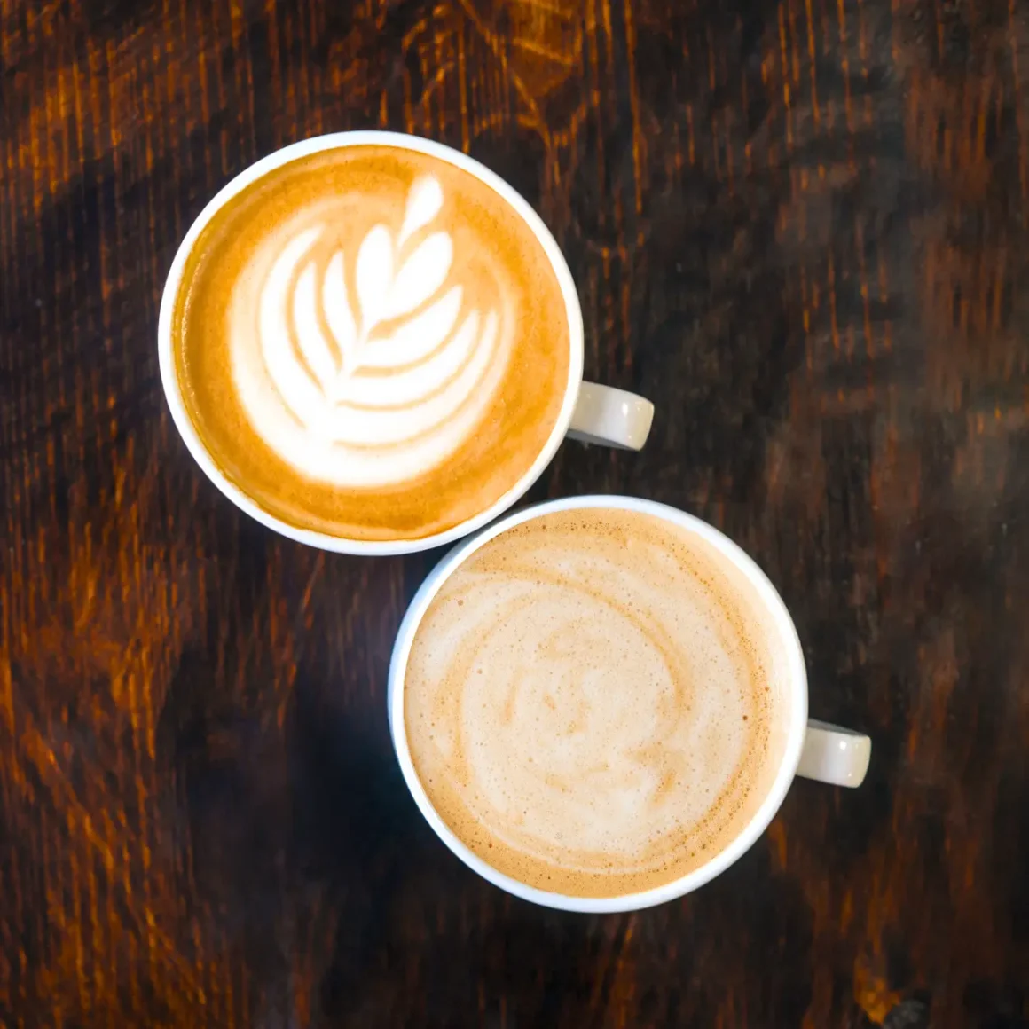 an cappuccino and flat white on a table top