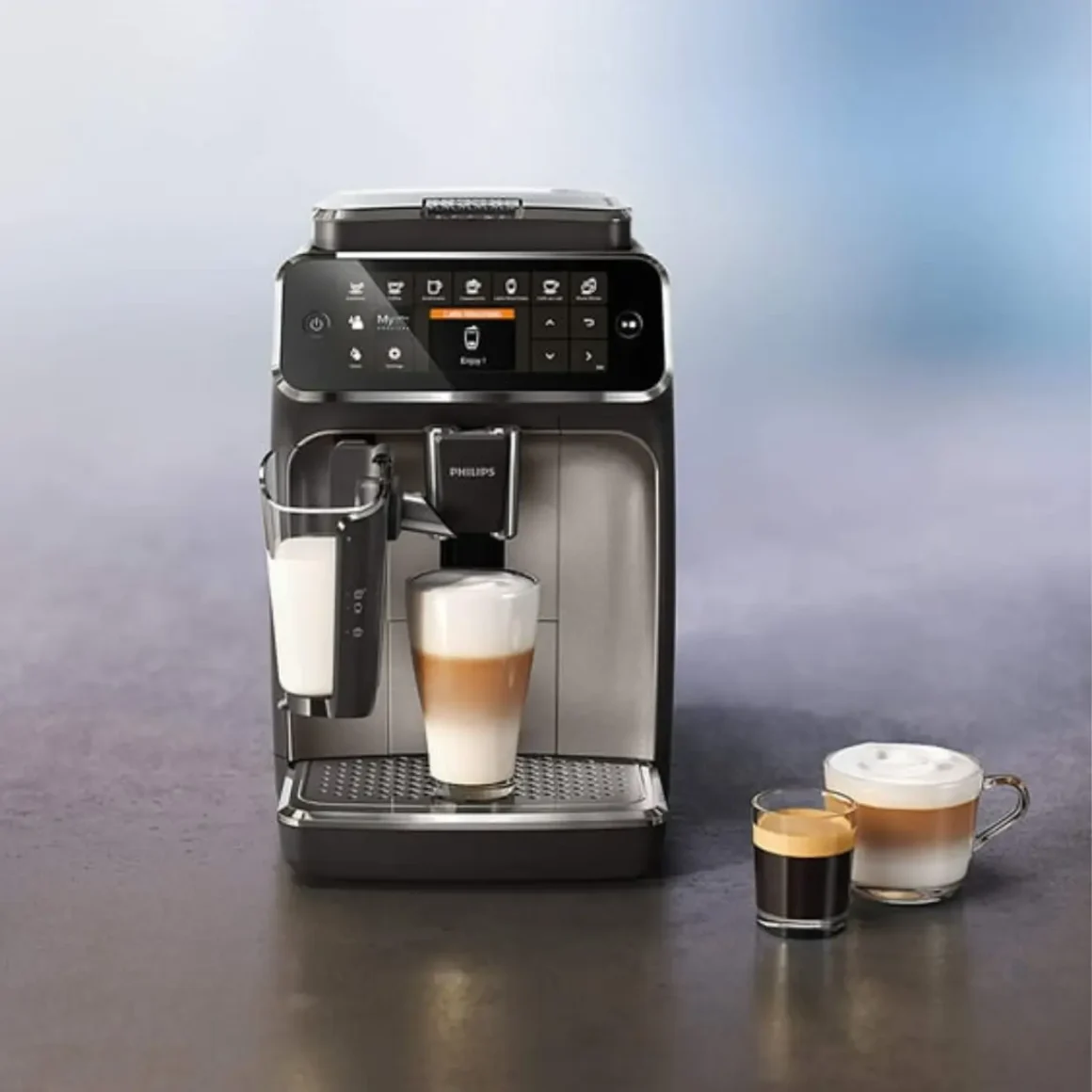 a 4300 LatteGo coffee machine with two cups of coffee