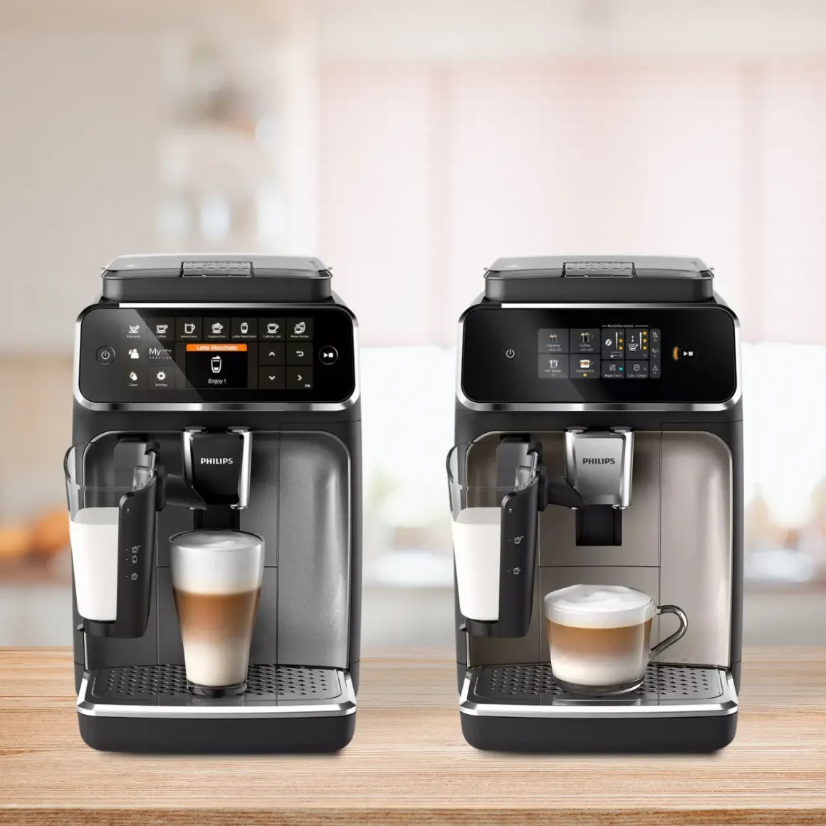 Philips 4300 LatteGo vs Philips 2300 LatteGo on a table