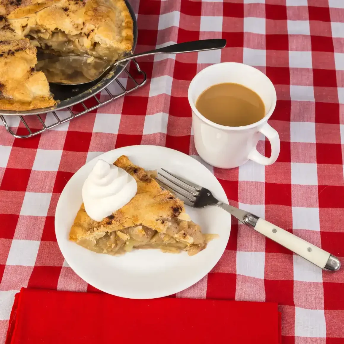 a plate of apple pie and a fall coffee drink