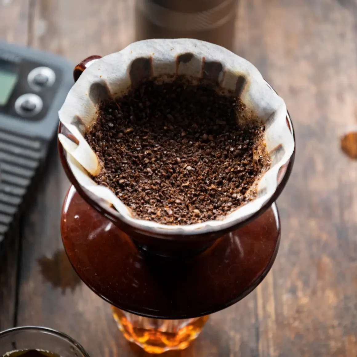 a filter with ground coffee in it