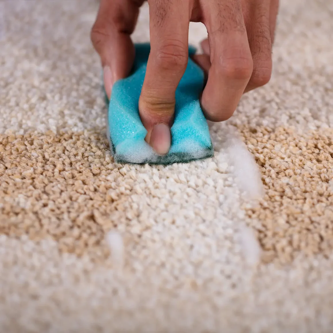 a person removing coffee stains from a carpet with a sponge