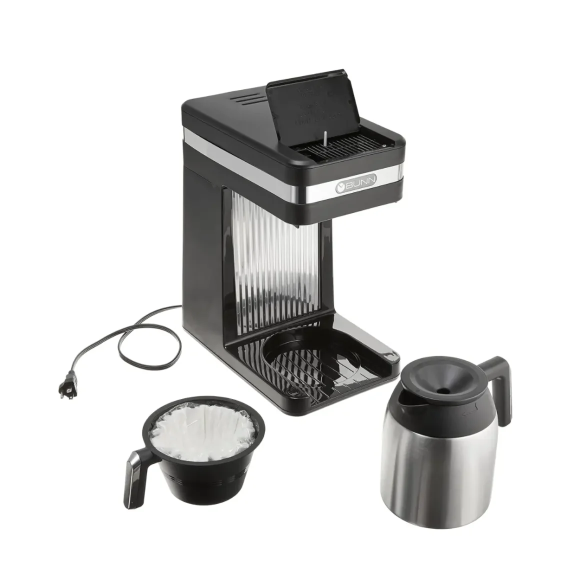 a bunn 55200 CSB3T coffee maker with a container and a cup