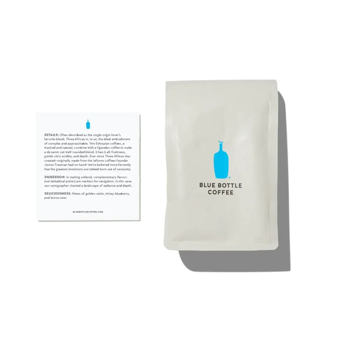 a white packet of blue bottle medium roast coffee