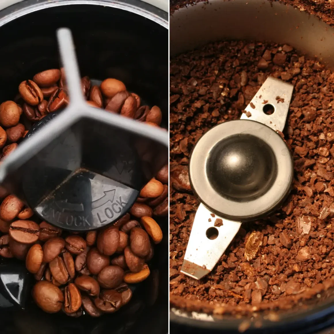 coffee beans in a burr and a blade coffee grinder