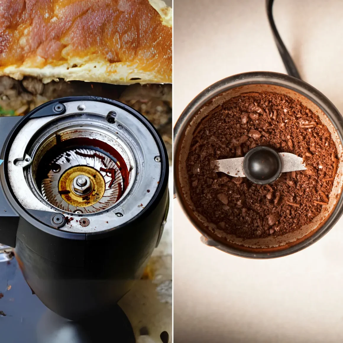 a close up of a burr coffee grinder and a blade coffee grinder