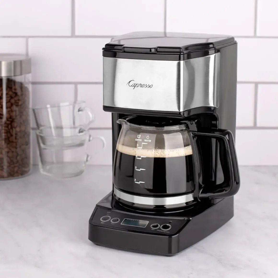 a capresso 5-cup mini drip coffee maker on a counter