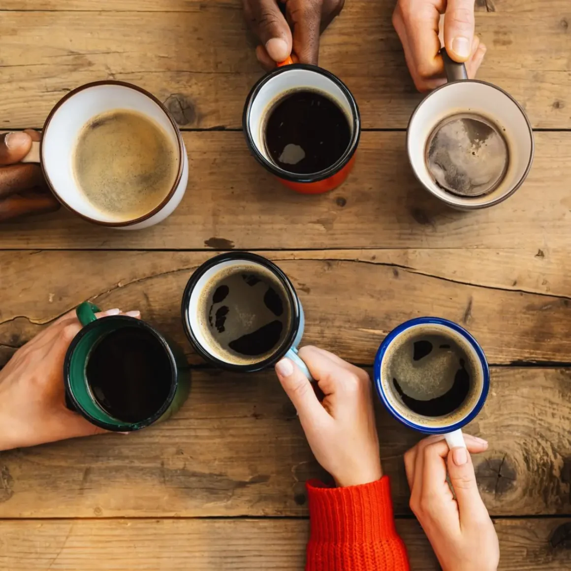 a group of hands holding full city roast coffee cups