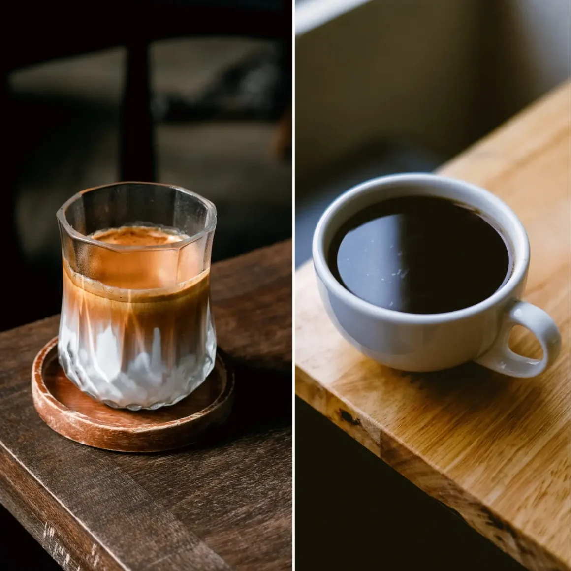 a glass of dirty coffee and a cup of traditional coffee