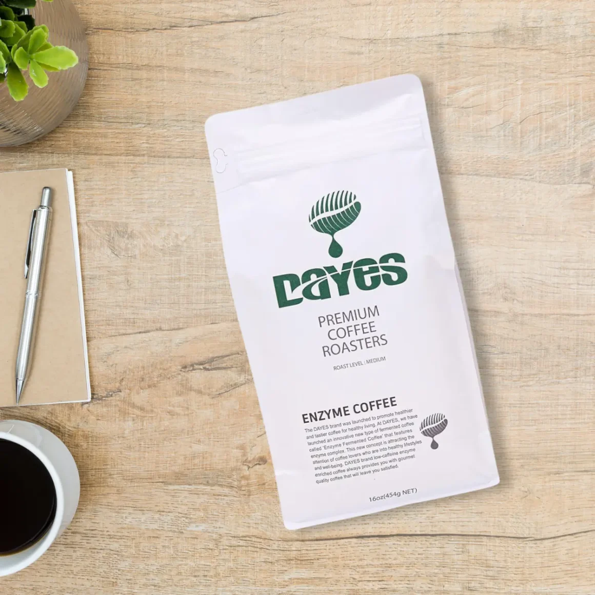 a dayes enzyme fermented whole bean coffee bag on a table