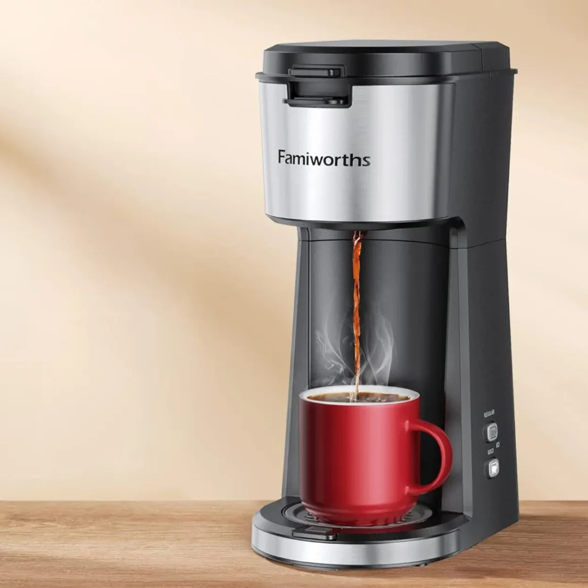 a famiworths single serve coffee maker with a red cup