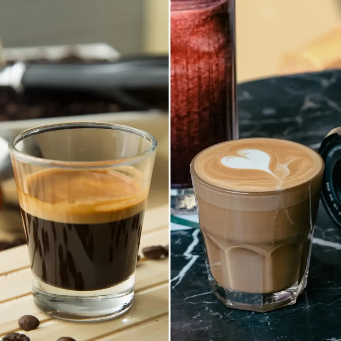 a collage of a cup of espresso and a cortado coffee