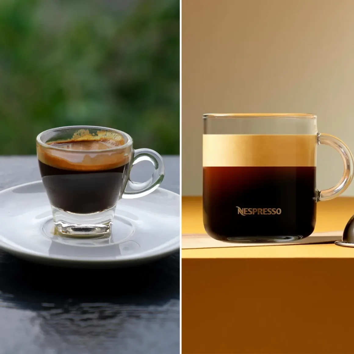 a cup of espresso coffee and a cup of gran lungo coffee