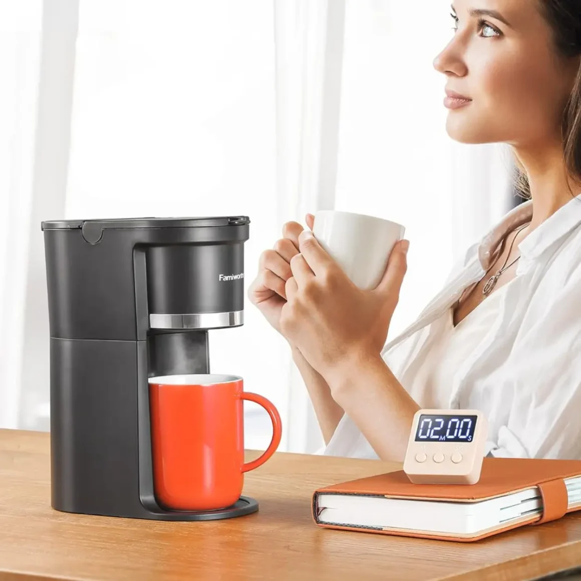 a famiworths mini single-serve coffee maker coffee maker and a woman person holding a cup