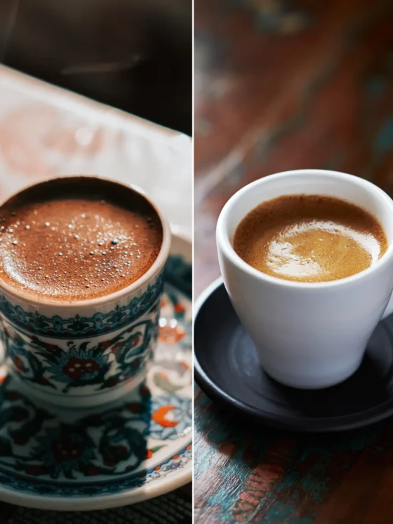 a collage of a turkish coffee and an espresso