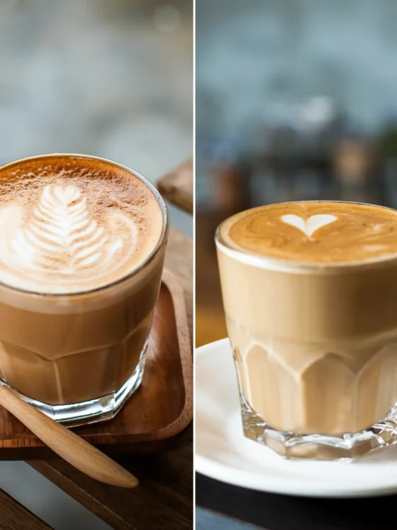 a glass cup of cortado and a glass cup of latte