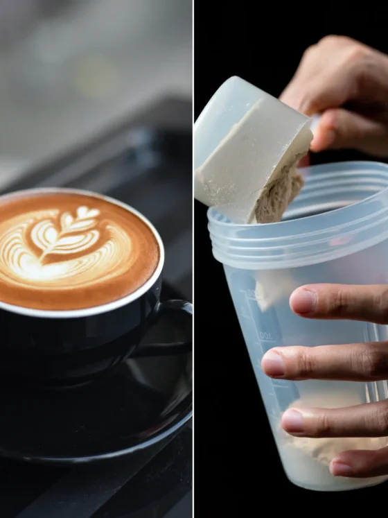 a cup of coffee and hand pouring pre workout protein in a plastic mug