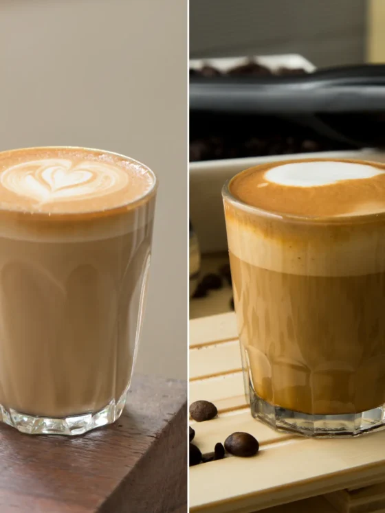 a collage of a cortado coffee and a piccolo coffee