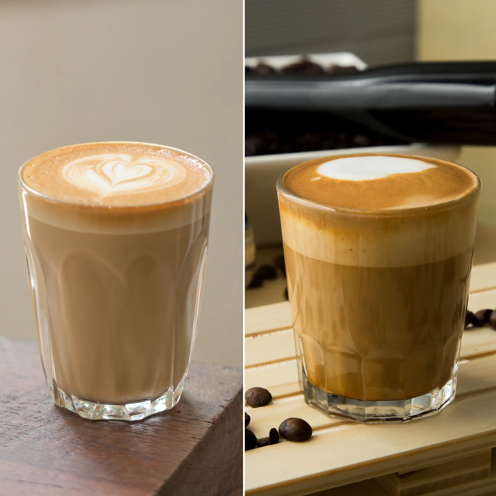 a collage of a cortado coffee and a piccolo coffee