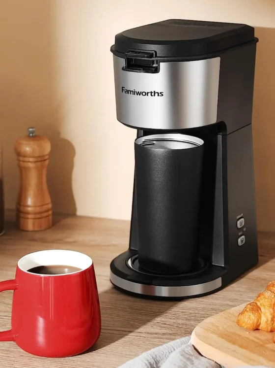 a famiworths single serve and a mug of coffee