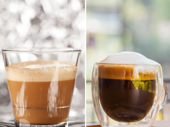 a glass cup of cortado and a cup of macchiato coffee