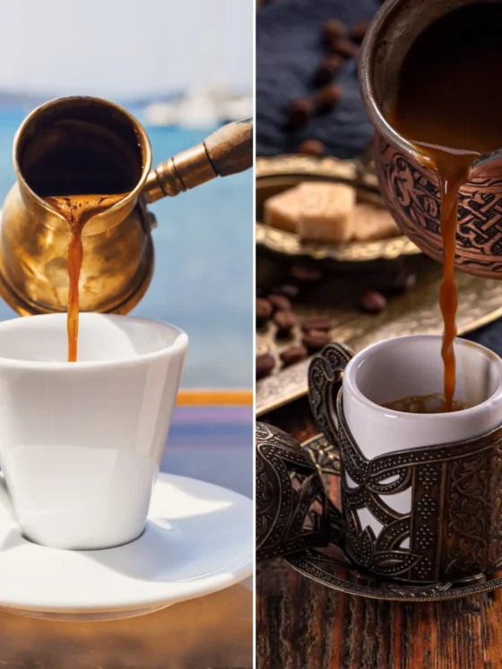 a greek coffee and a turkish coffee being poured into a cup