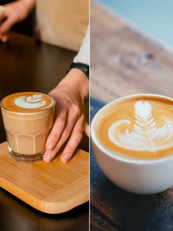 a collage of a cortado and cappuccino coffee on a table