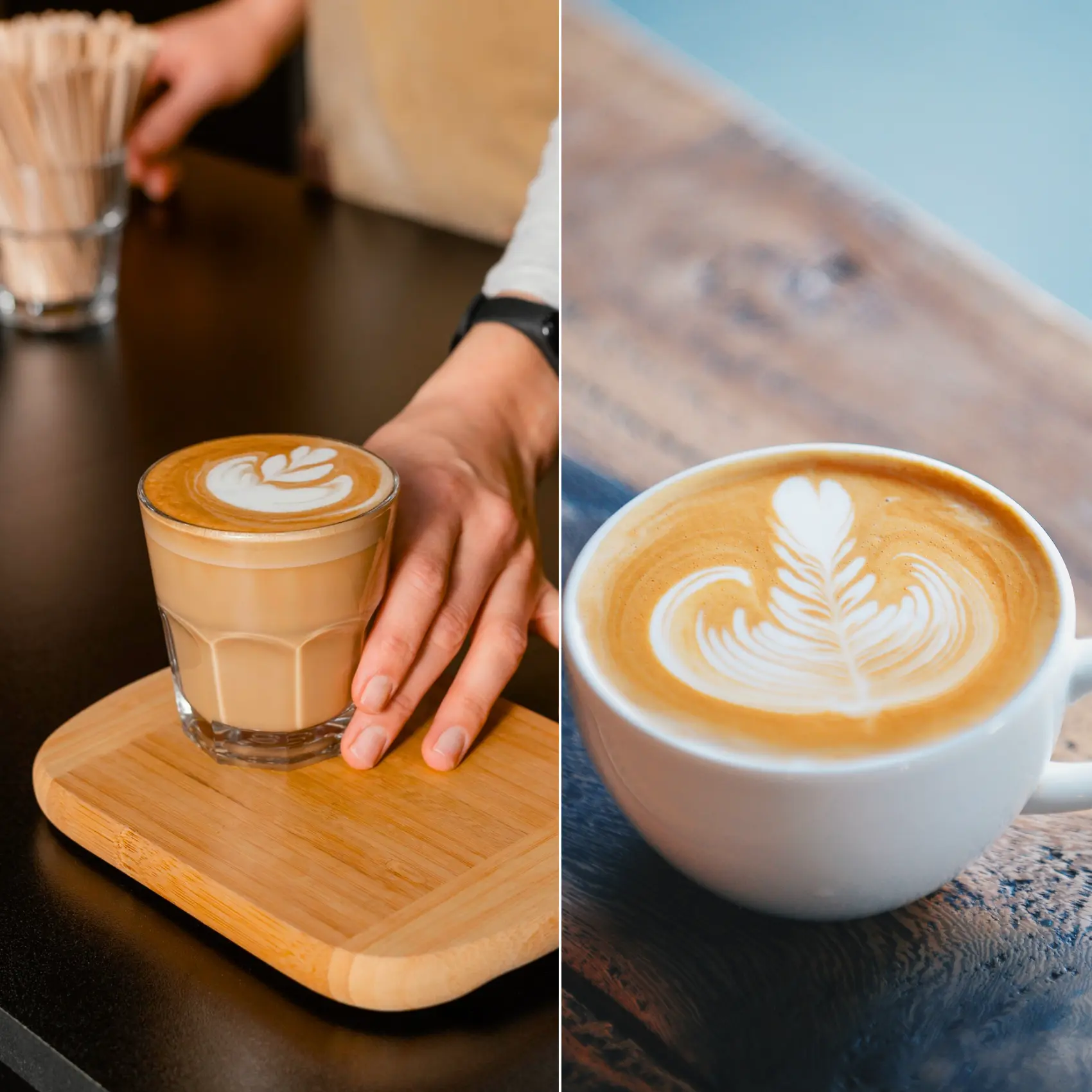 a collage of a cortado and cappuccino coffee on a table