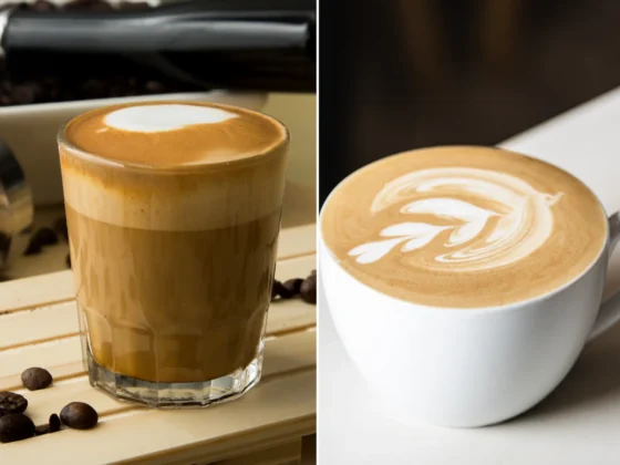 a cortado coffee cup and a cup of café con leche coffee