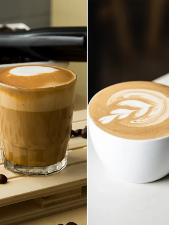 a cortado coffee cup and a cup of café con leche coffee
