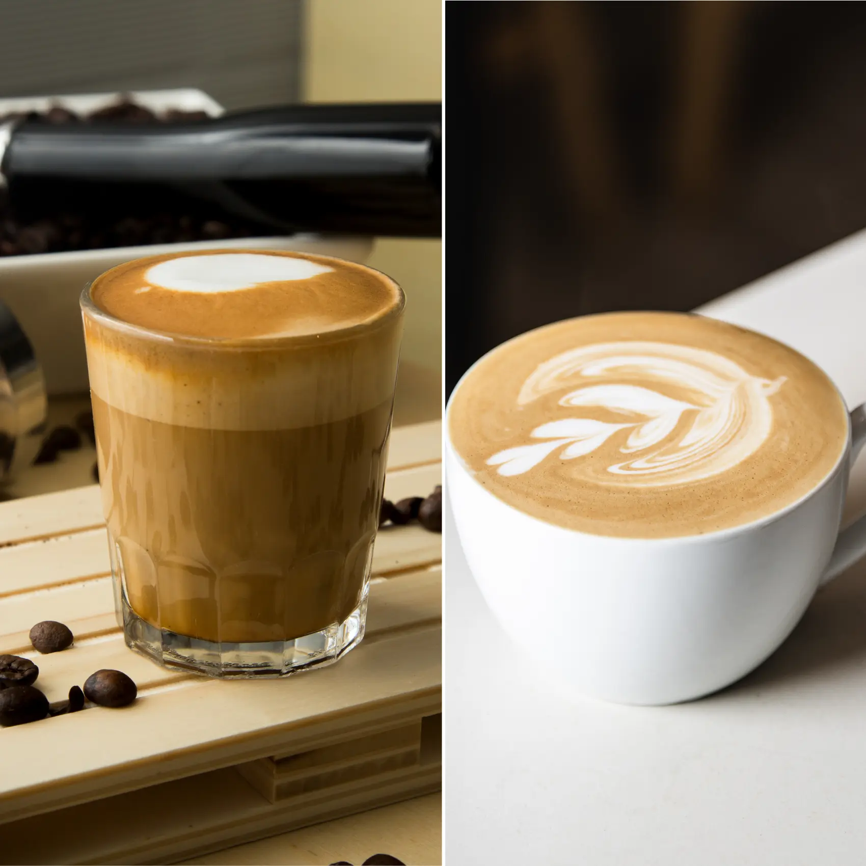 a cortado coffee cup and a cup of café con leche coffee