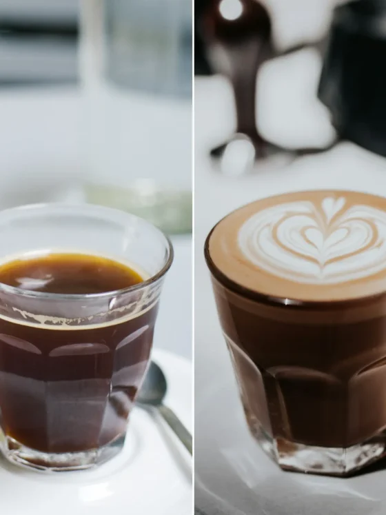 a collage of an americano and a cortado coffee