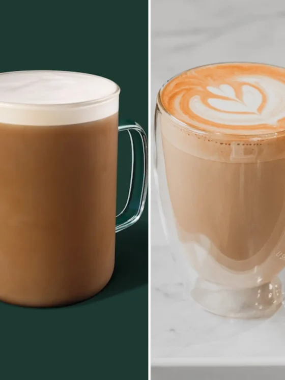 a glass cup of caffe misto and a glass of latte