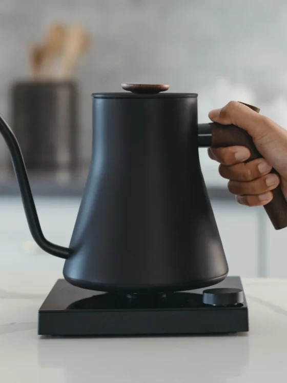 a hand holding a black fellow stagg ekg electric kettle