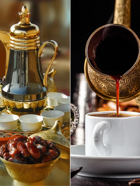 a gold arabic coffee pot and turkish coffee being poured into a cup