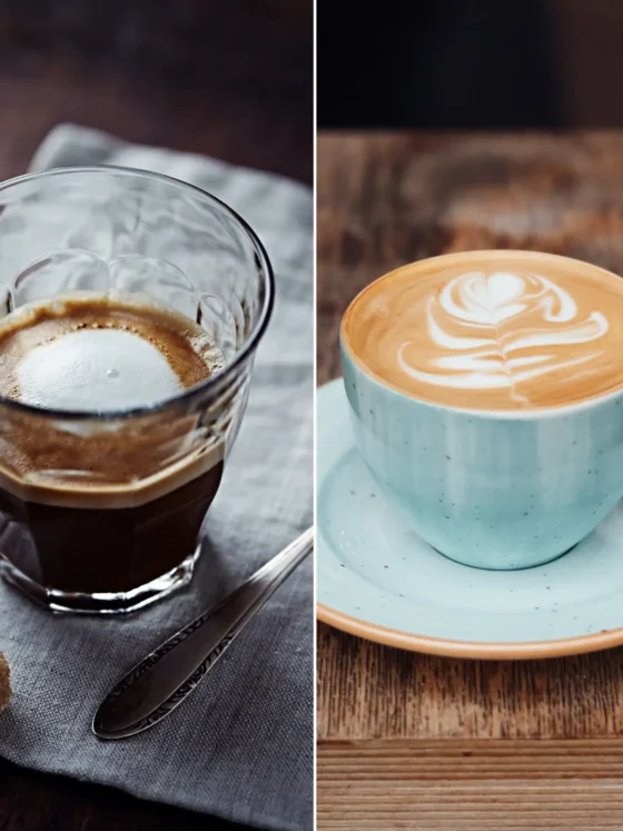 cup of latte and a glass of macchiato coffee