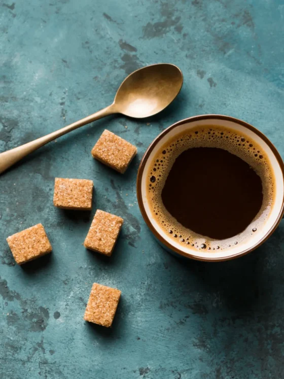a cup of coffee and brown sugar cubes