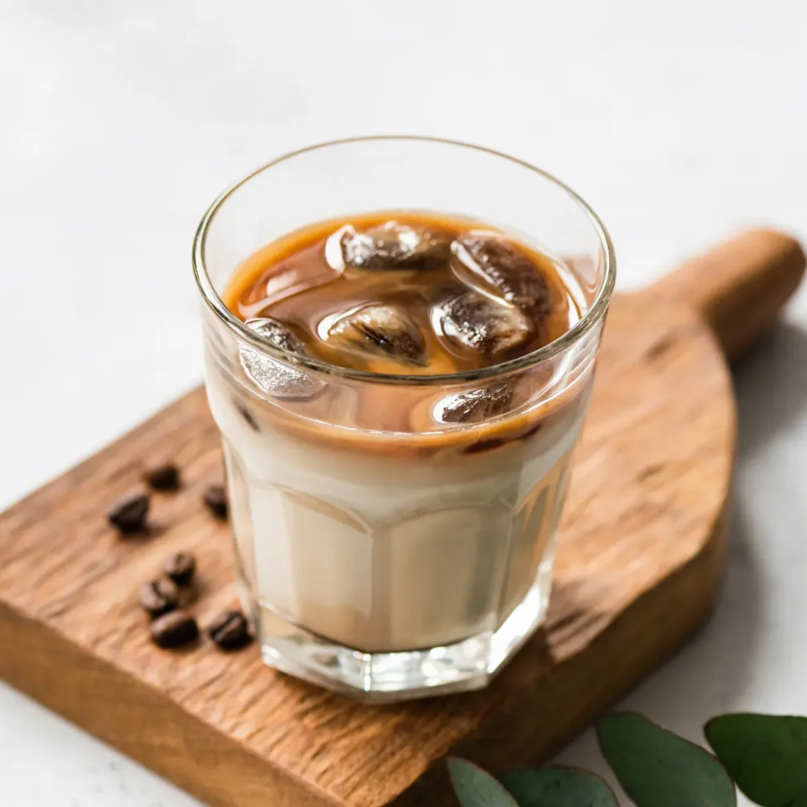 a glass of iced coffee on a wooden board