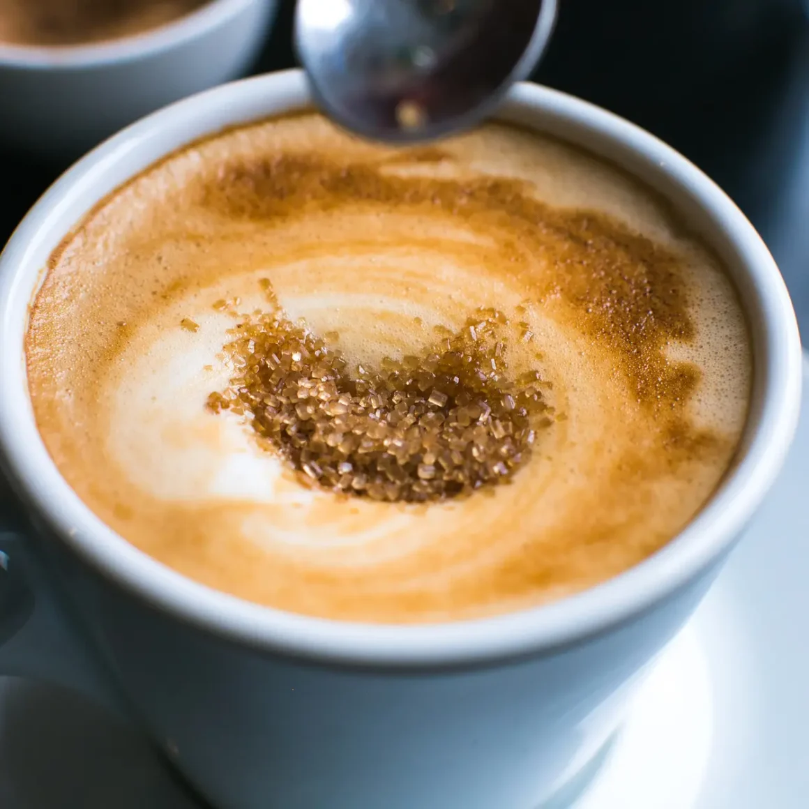 a cup of coffee with brown sugar in the foam