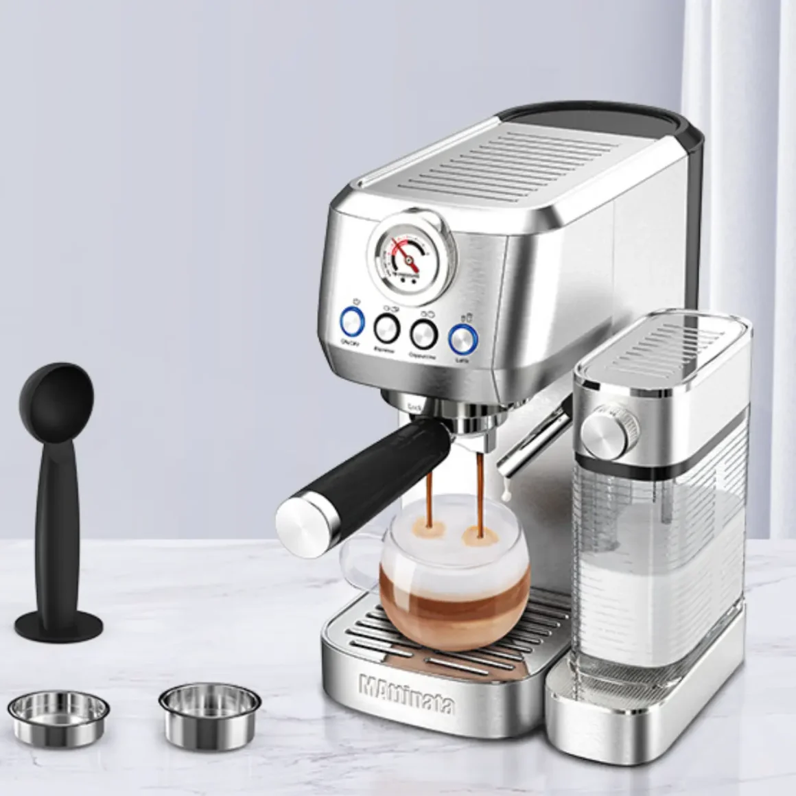 a mattino pro mattinata espresso machine brewing a milk coffee